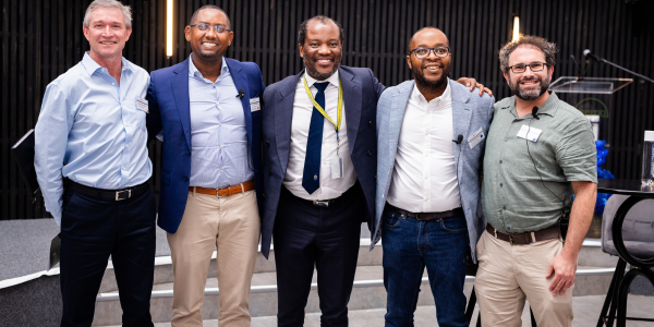Profs. Andrew Forbes, Solomon Assefa, Zeblon Vilakazi VC, Rendani Mbuvha, and Benjamin Rosman at Shaping the Future of Finance event 600x300